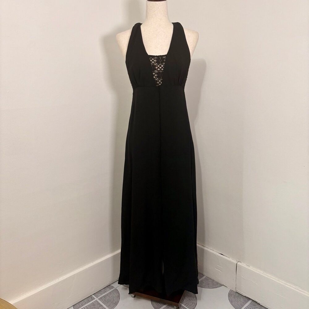 Vintage 50s Black Halter Neck Lace Detail Maxi Dress